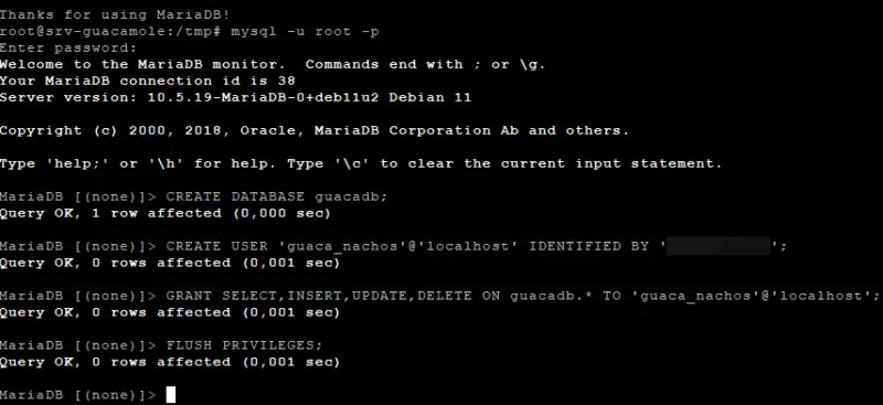 Base de datos MySQL MariaDB para Apache Guacamole