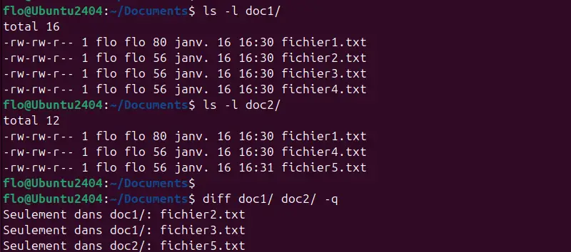 Comparing 2 folders with diff under Linux